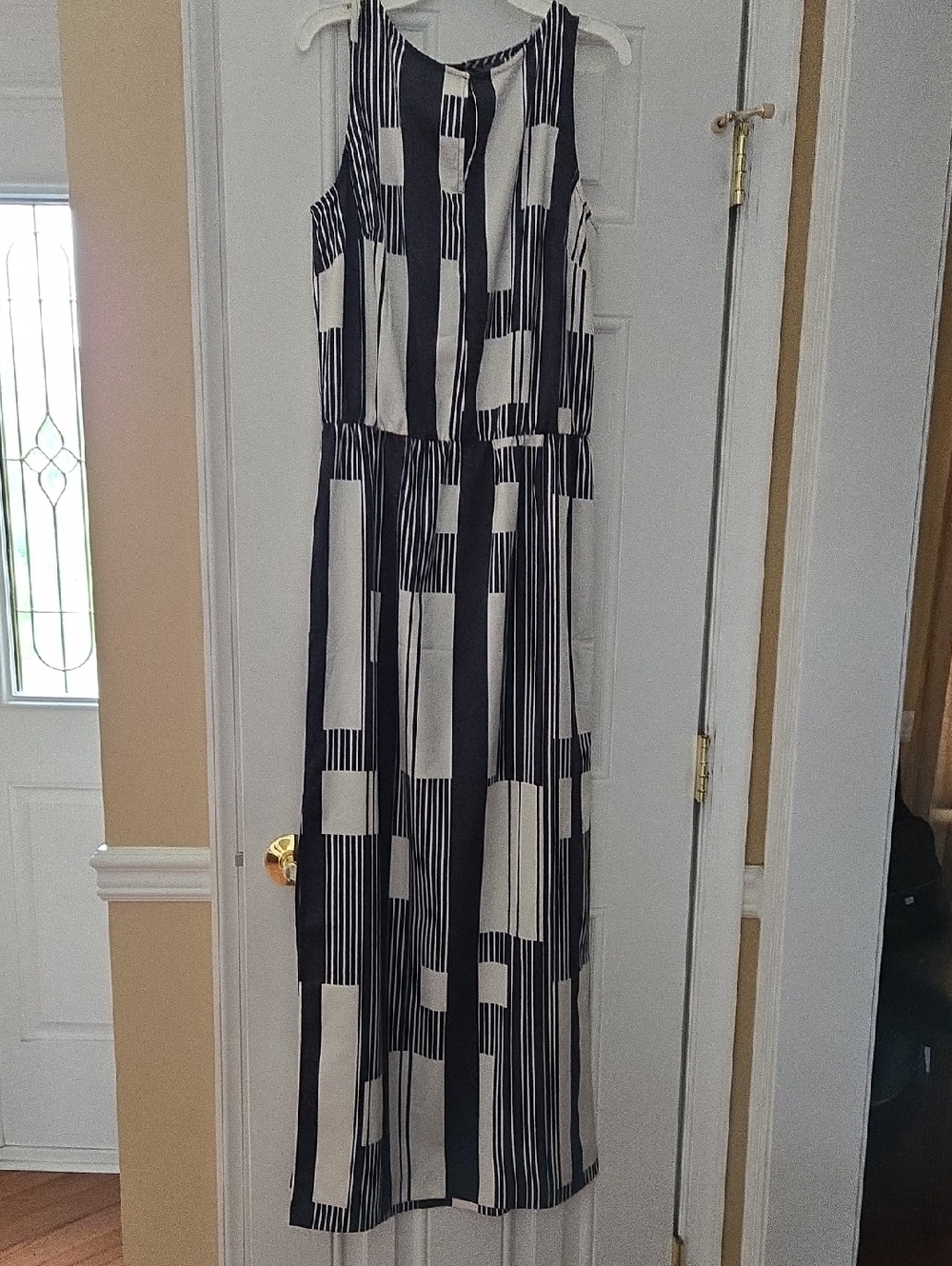 Chaps Black and Cream Sleeveless Vertical Stripe Maxi Dress With Side Slits